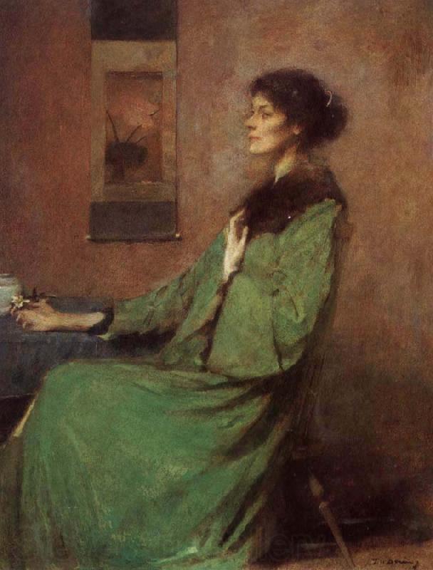 Thomas Wilmer Dewing Portrait of lady holding one rose Norge oil painting art